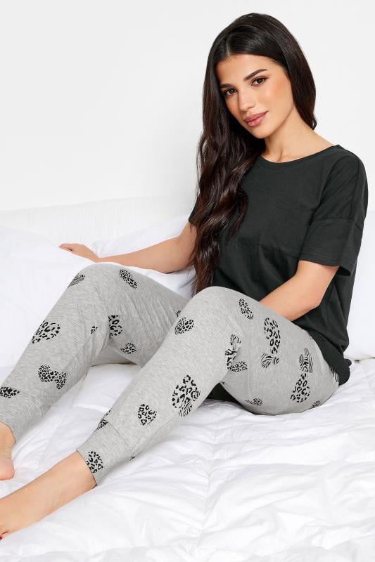 PixieGirl Petite Womens Black Leopard Heart Print Pyjama Set | PixieGirl 1