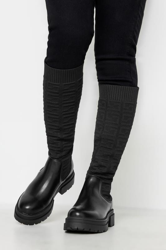 PixieGirl Black Stretch Chunky Knee Sock Boots In Standard Fit | PixieGirl 1