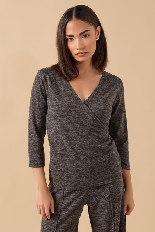 Petite  PixieGirl Petite Chocolate Brown Marl Wrap Top