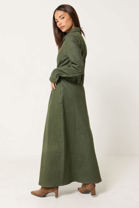 PixieGirl Petite Women's Olive Green Denim Maxi Dress