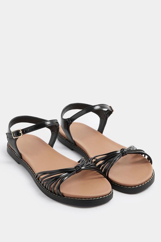  Yours Black Faux Leather Knot Detail Sandals In Wide E Fit