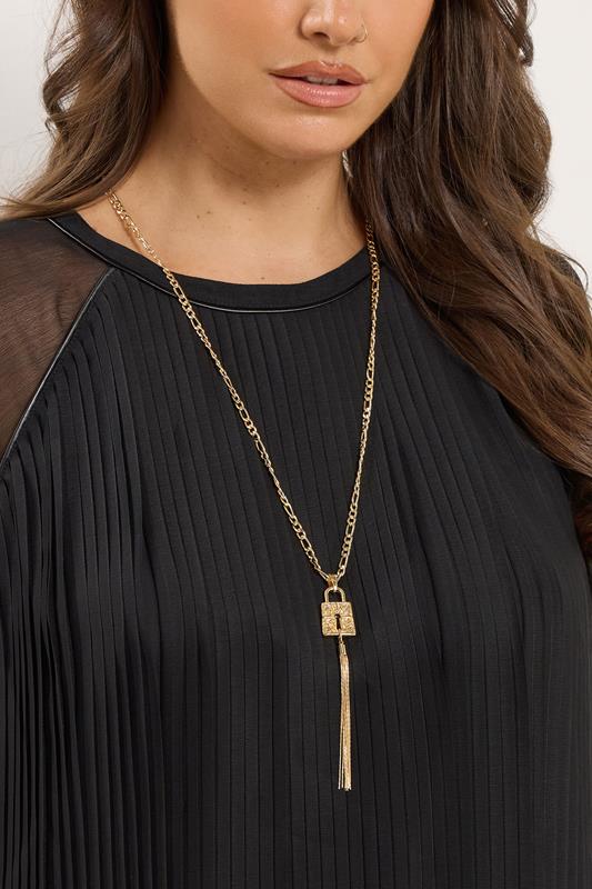 Gold Tone Long Padlock Tassel Necklace | Yours Clothing 1