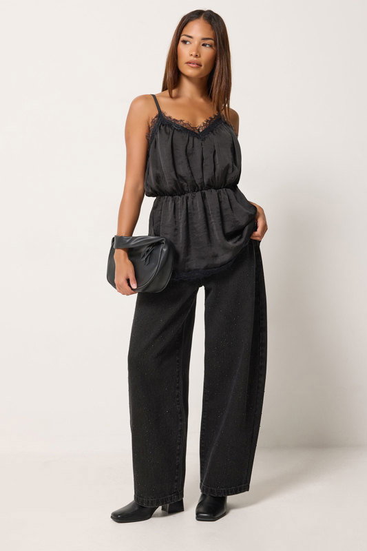PixieGirl Petite Women's Black Satin Cinch Waist Cami | PixieGirl