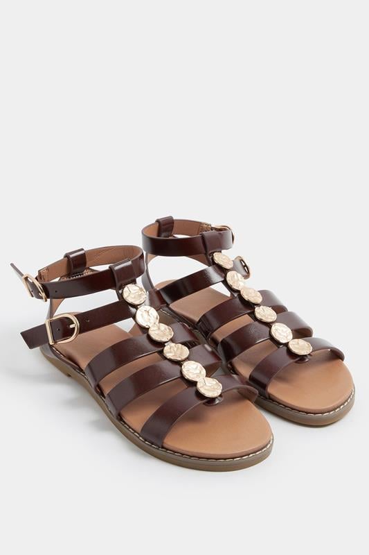  Yours Chocolate Brown Hammered Disk Gladiator Sandals In Wide E Fit