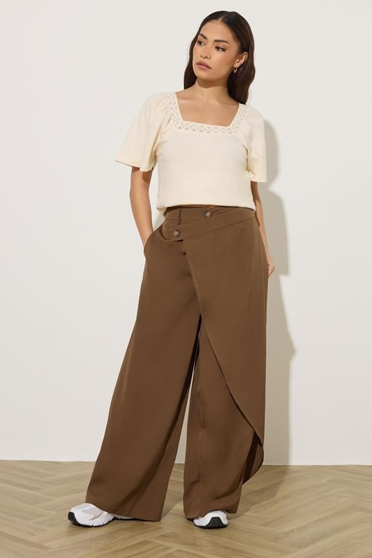 PixieGirl Petite Women's Camel Brown Wrap Wide Leg Trousers | PixieGirl 1