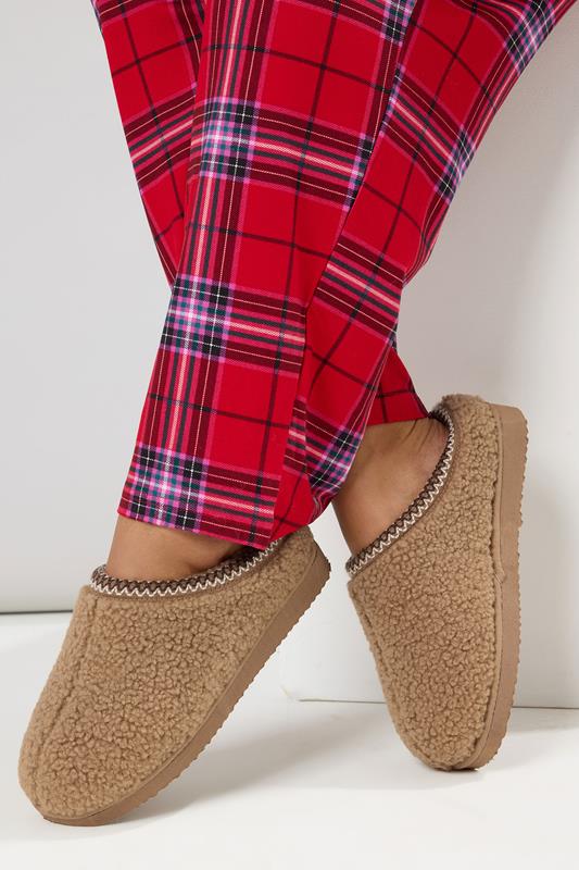 Plus Size  Yours Tan Brown Borg Stitch Mules