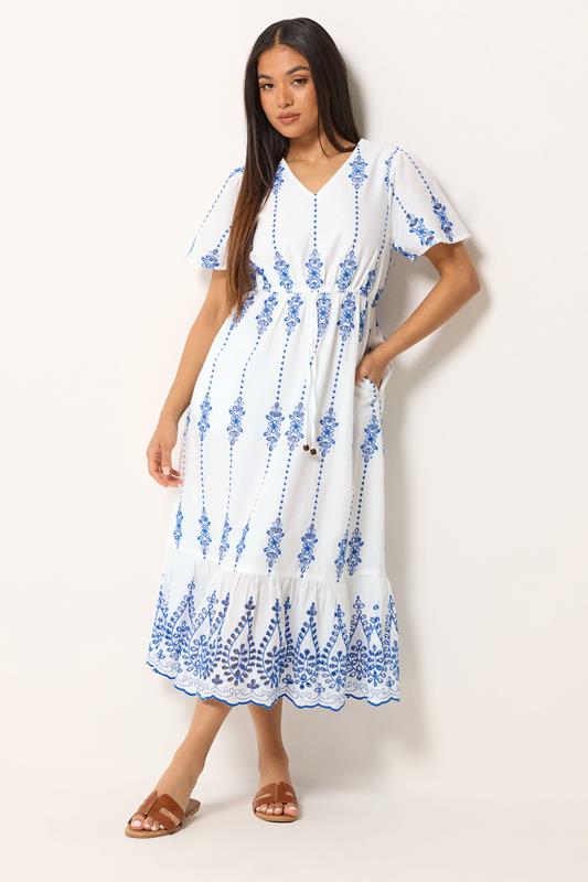 M&Co Petite White & Blue Broderie Cotton Dress