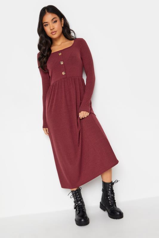 Petite  PixieGirl Berry Red Ribbed Long Sleeve Button Dress