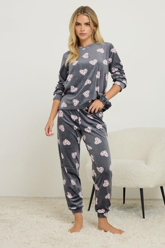 Petite  PixieGirl Petite Grey Heart Fleece Pyjama & Scrunchie Set