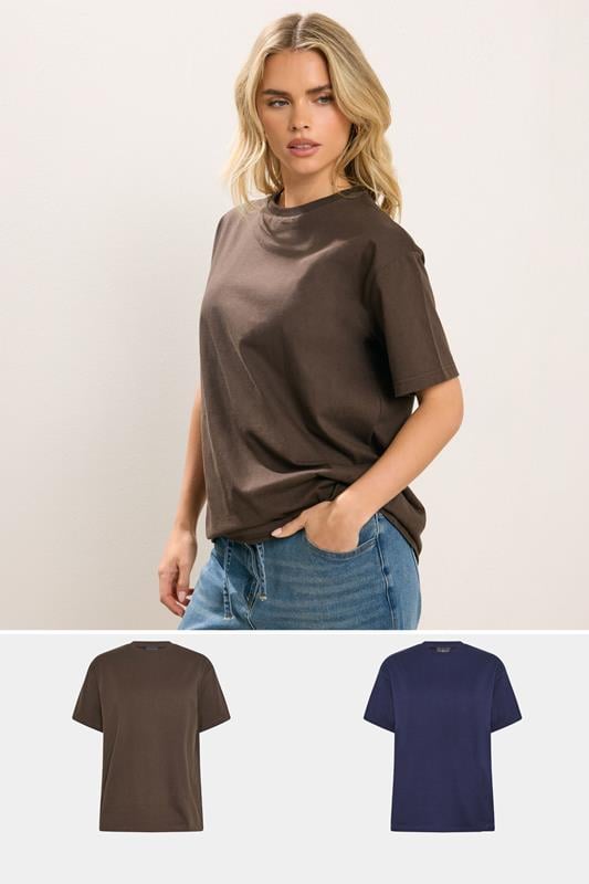Petite  PixieGirl Petite 2 PACK Chocolate Brown & Navy Blue Oversized T-Shirts
