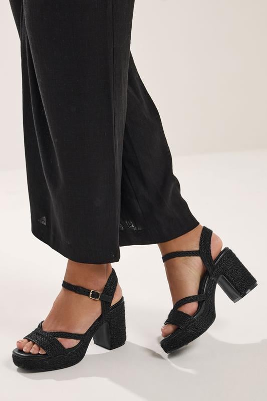  Yours Black Rope Heel Sandals In Wide E Fit