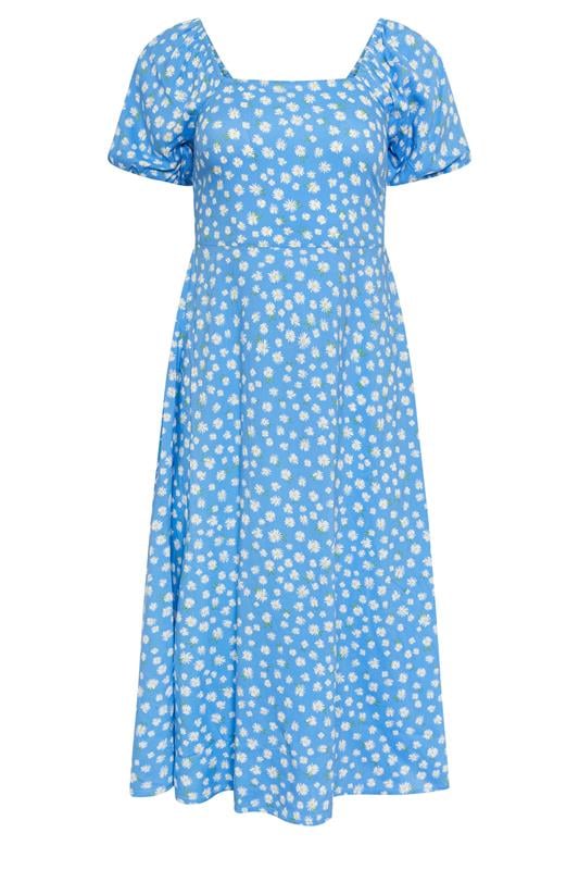 PixieGirl Petite Women's Blue Daisy Puff Sleeve Midi Dress | PixieGirl