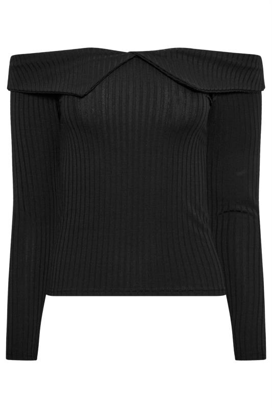 PixieGirl Petite Black Bardot Fold Over Ribbed Long Sleeve Top | PixieGirl  5