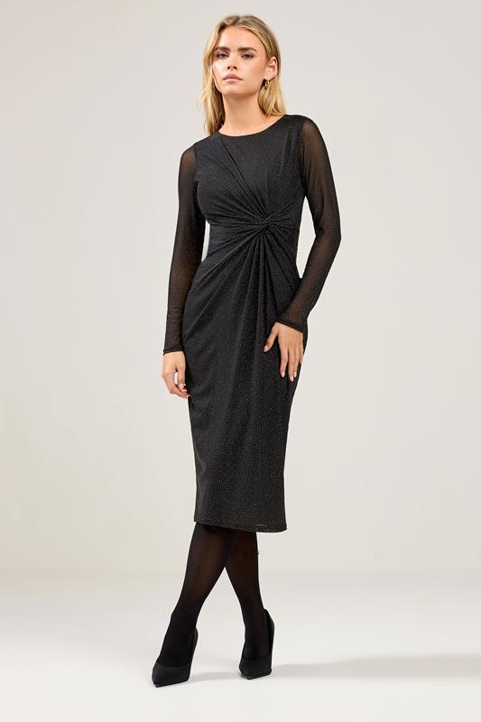  M&Co Petite Black Glitter Knot Front Midi Dress