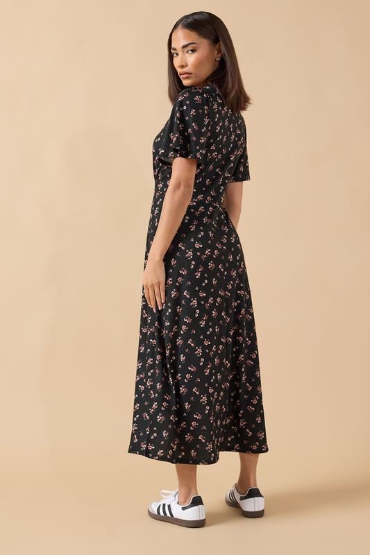 PixieGirl Petite Women's Black Ditsy FloralTie Front Midi Dress | PixieGirl 3