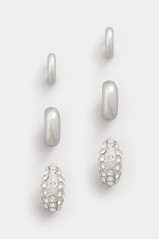 3 PACK Silver Tone Diamante Polished Hoop Earring Set | Yours Clothing 3