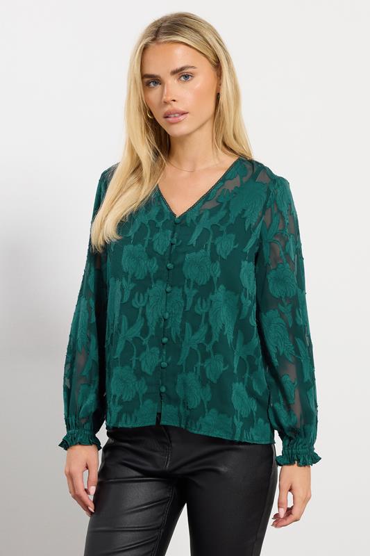  M&Co Petite Teal Green Floral Jacquard V-Neck Blouse