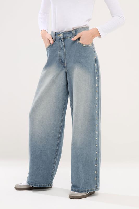 PixieGirl Petite Blue Rivet Non-Stretch Wide Leg Jeans | PixieGirl 2