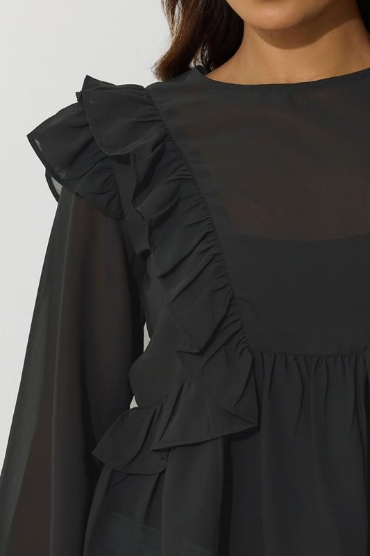 PixieGirl Petite Women's Black Frill Shoulder Chiffon Blouse | PixieGirl 5