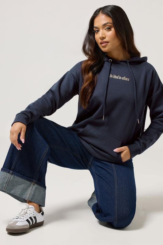 Petite  PixieGirl Petite Navy Blue Slogan Drawstring Hoodie