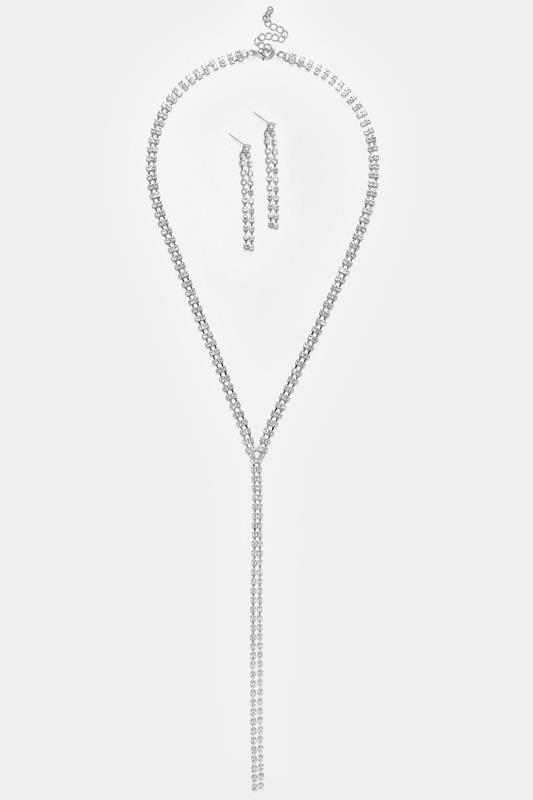 Silver Tone Diamante Long Necklace & Earrings Set | Yours Clothing 2