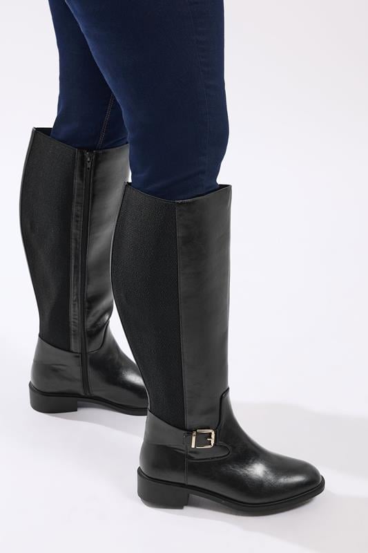Plus Size  Yours Black Buckle Stretch Knee High Boots In Extra Wide EEE Fit
