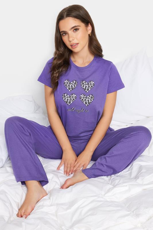 PixieGirl Purple 'Wild Night In' Slogan Leopard Heart Print Pyjama Set | PixieGirl  1