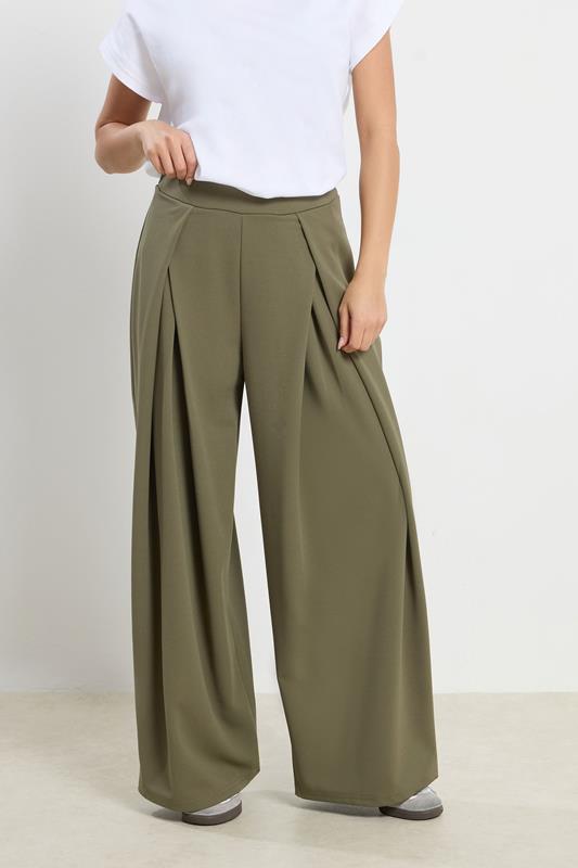 PixieGirl Petite Women's Khaki Brown Wrap Pleated Wide Leg Trousers | PixieGirl  2
