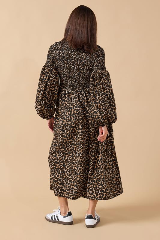 PixieGirl Petite Women's Brown Animal Shirred Puff Sleeve Maxi Dress | PixieGirl 3