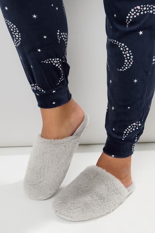 Plus Size  Yours Grey Plush Faux Fur Mule Slippers