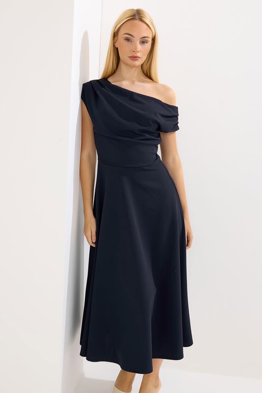 STAR Navy Blue Draped Midi Skater Dress