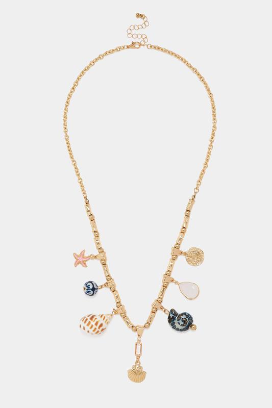 Gold Tone Shell Charm Statement Necklace
