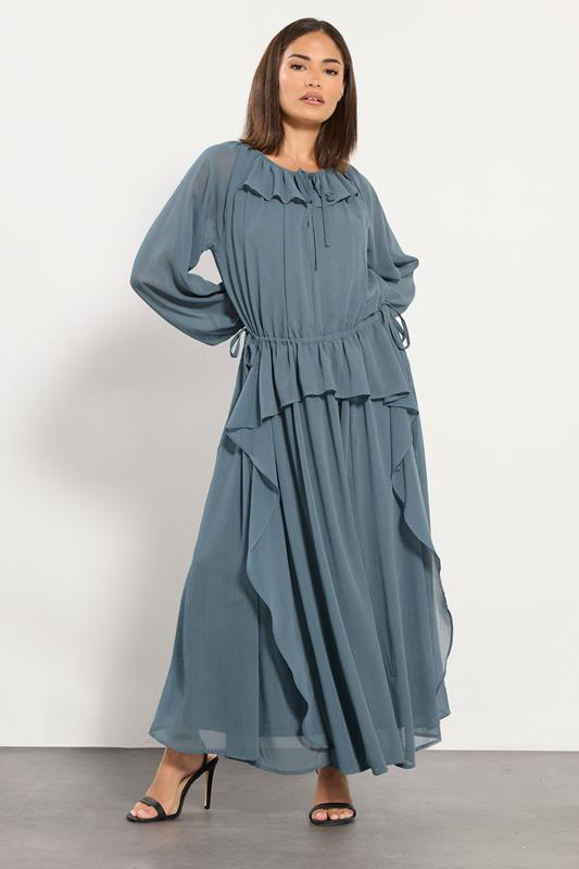 PixieGirl Petite Women's Blue Chiffon Frill Tie Waist Maxi Dress | PixieGirl 2