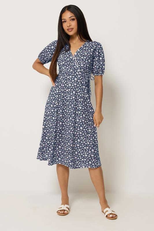  M&Co Petite Navy Blue Floral Print Midi Wrap Dress