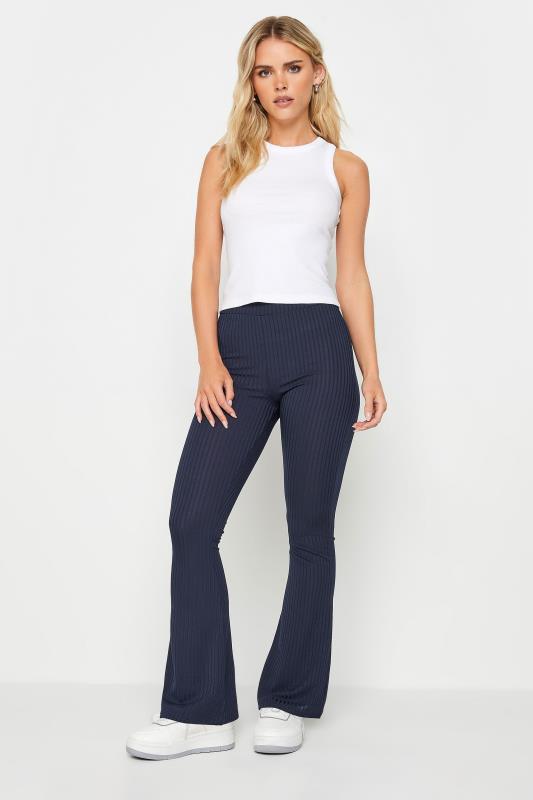 Petite  PixieGirl Navy Blue Ribbed Flared Trousers