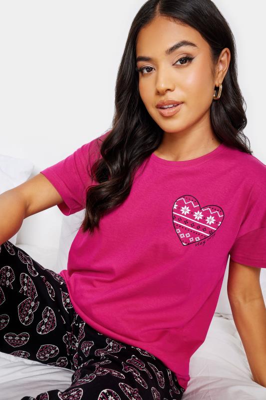 PixieGirl Petite Hot Pink & Black Fairisle Heart Print Pyjama Set | PixieGirl  5