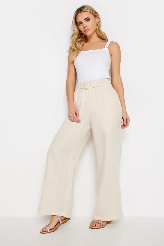 Petite  PixieGirl Cream Cheesecloth Belted Wide Leg Trousers