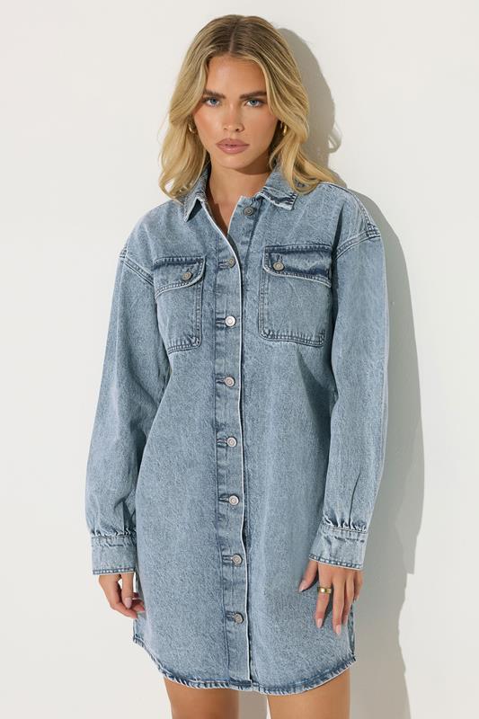 PixieGirl Petite Women's Blue Denim Shirt Mini Dress | PixieGirl 2