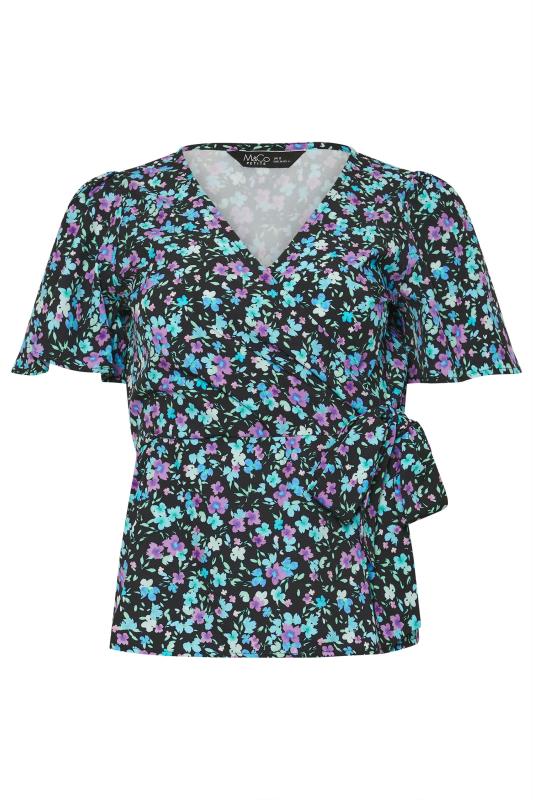M&Co Petite Black Ditsy Print Wrap Blouse | M&Co 5