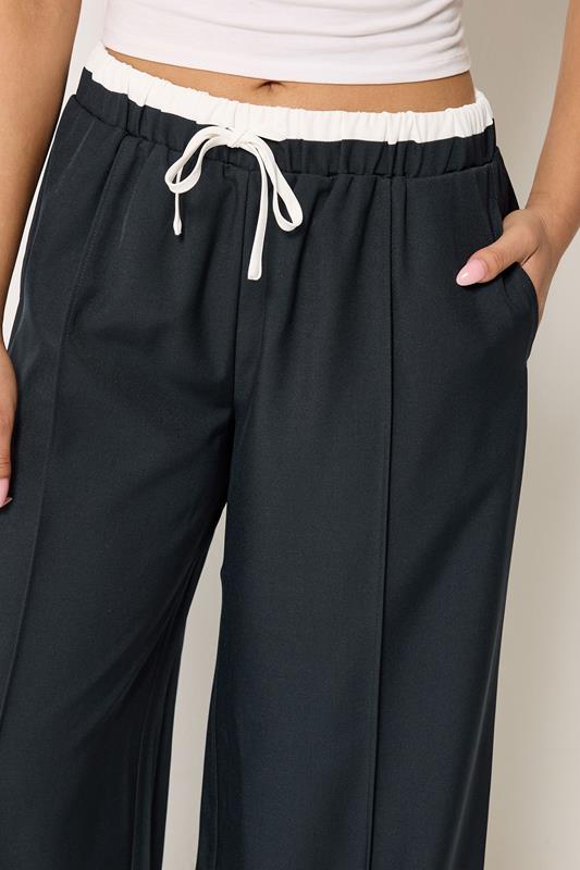 PixieGirl Petite Women's Navy Blue Contrast Pintuck Wide Leg Trousers | PixieGirl 4