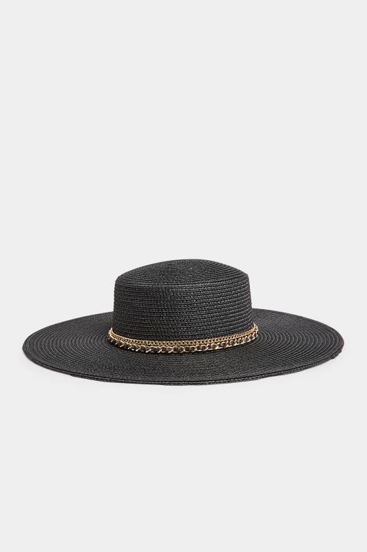 Black Chain Straw Wide Brim Boater Hat | Yours Clothing 2