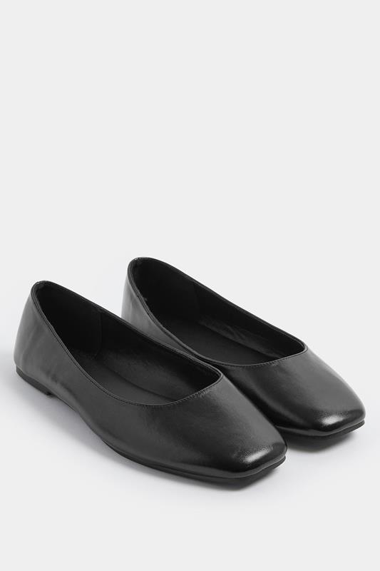 Black Faux Leather Square Toe Ballet Pumps In Extra Wide EEE Fit