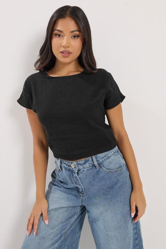 PixieGirl Petite Black Cotton Lace Up Cheesecloth Top