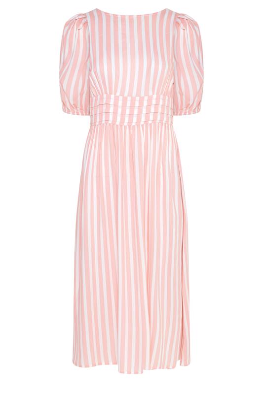 PixieGirl Petite Women's Pink Stripe Puff Sleeve Midi Dress | PixieGirl 5