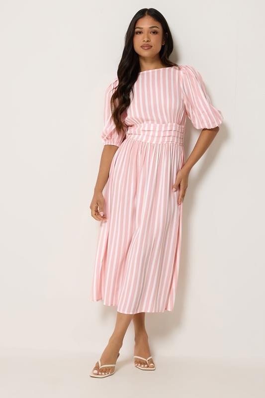 PixieGirl Petite Women's Pink Stripe Puff Sleeve Midi Dress | PixieGirl 1
