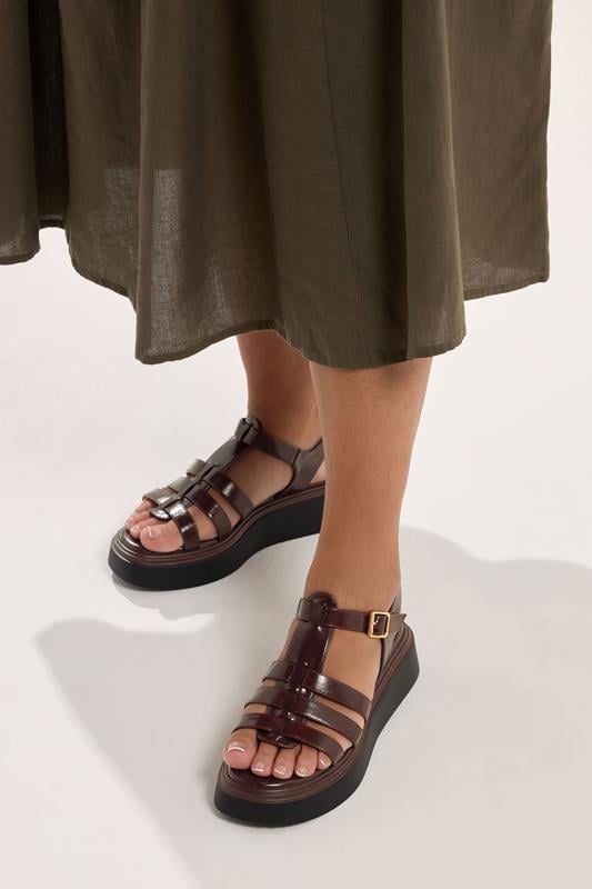 Chocolate Brown Platform Gladiator Sandals In Wide E Fit