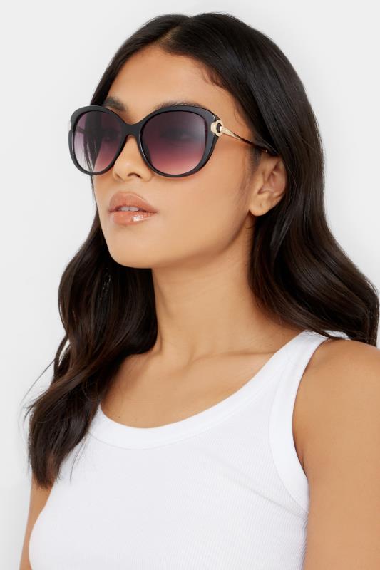 Black Soft Cat Eye Circle Arm Sunglasses | Yours Clothing 1