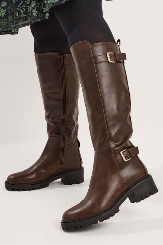 Brown Faux Leather Buckle Detail Knee High Boots In Standard Fit