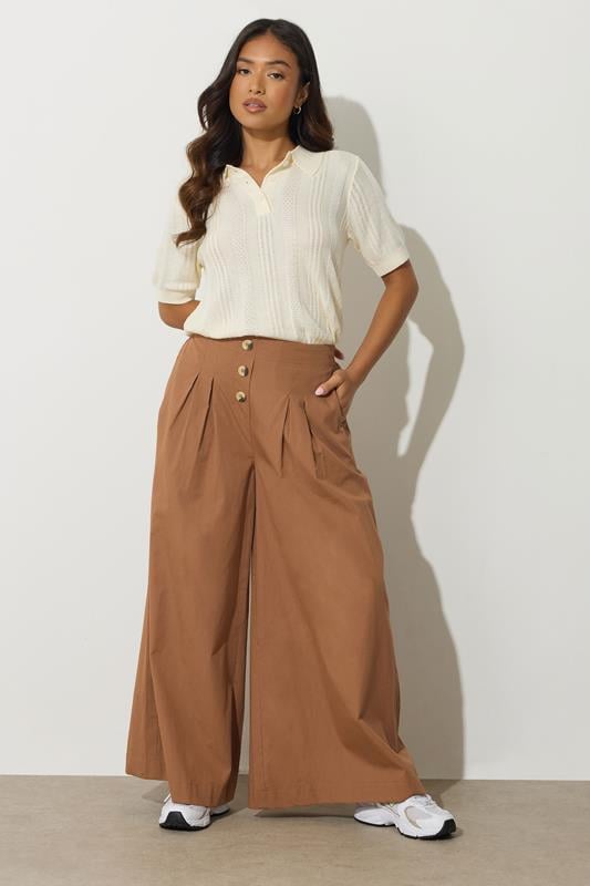 Petite  PixieGirl Petite Beige Brown Button Wide Palazzo Trousers