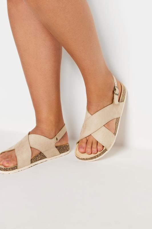 Plus Size  Yours Beige Brown Cross Strap Footbed Sandals In Extra Wide EEE Fit